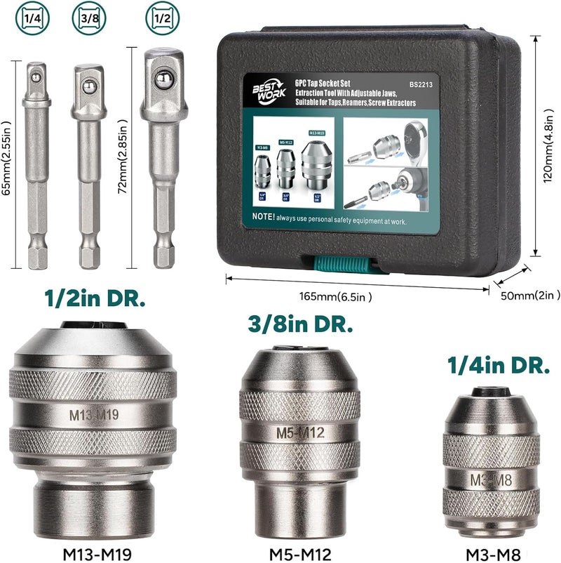 Bestwork 6pcs Adjustable Tap Socket Set, 1/4", 3/8", 1/2" Drive Tap Holder Tool for Reamers, Screw Extractors - Image 4